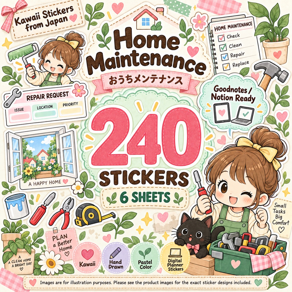 おうちメンテナンス PNGイラスト素材 240点セット｜掃除・修理・点検・予定管理・かわいいデジタル素材
