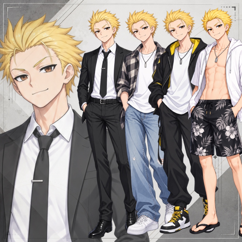 立ち絵素材01_金髪で自信気な黒スーツ男性_衣装差分有り（私服,サイバー風衣装,水着）