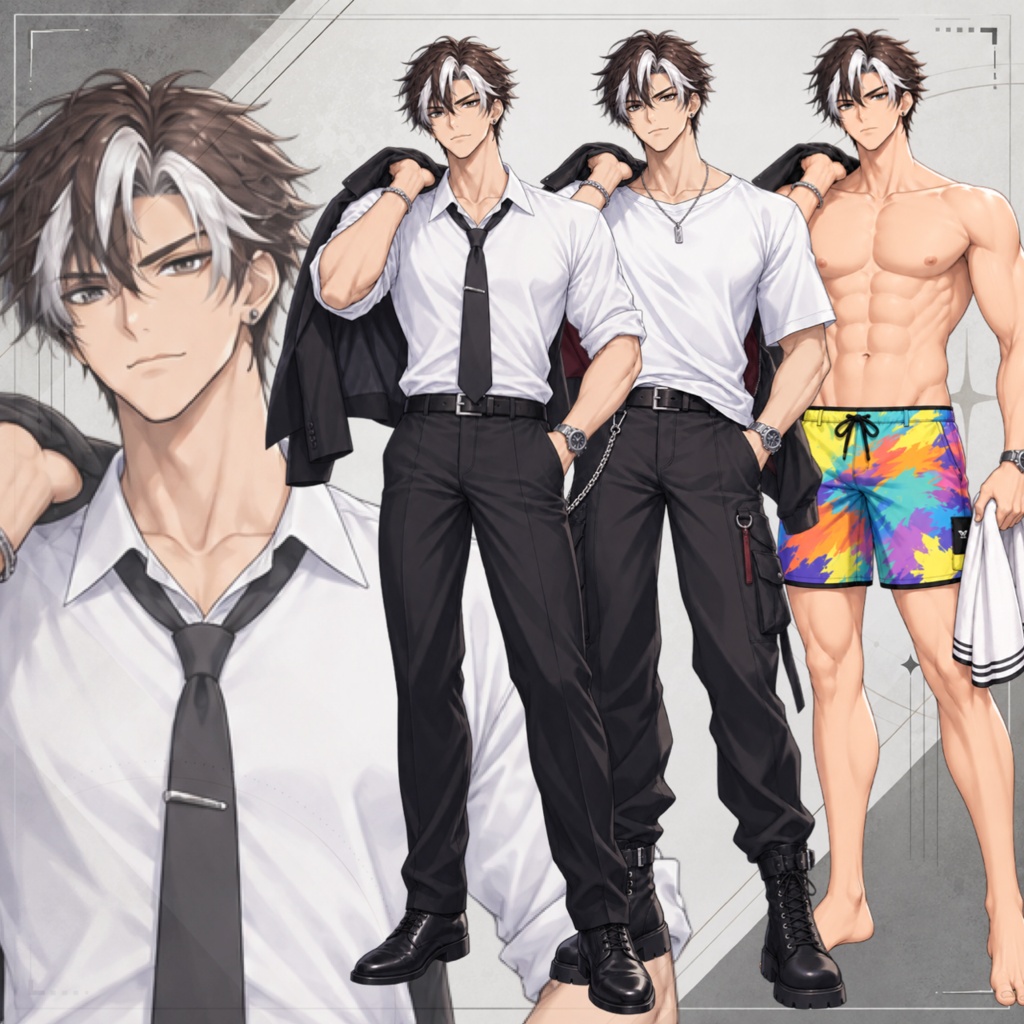 立ち絵素材02_筋肉質な白メッシュ黒スーツ男性（衣装差分有り）