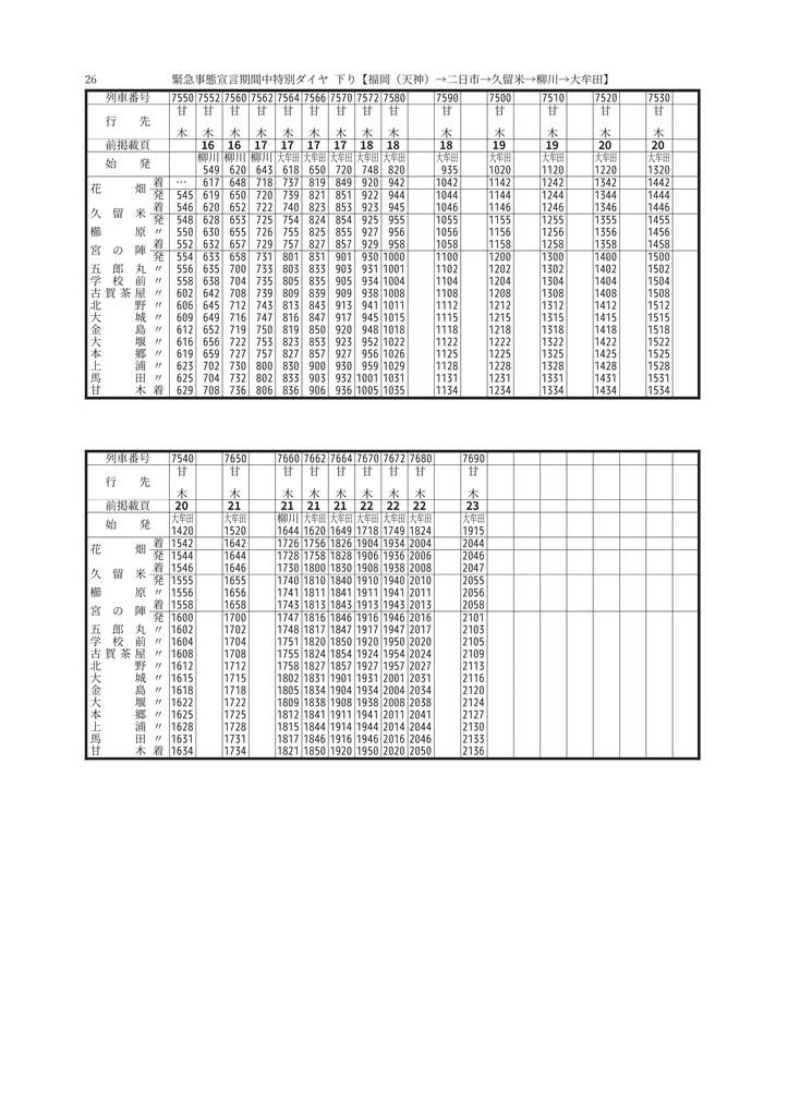 私家版 西鉄電車時刻表 2020.04.18-2020.05.10土休特別減便ダイヤ