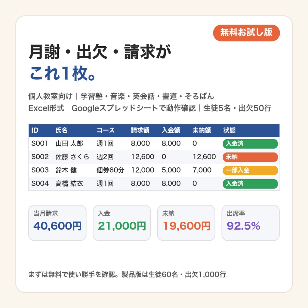 【無料お試し版】個人教室の月謝・出欠・請求 管理シート（生徒5名・出欠50行）｜Excel形式・Googleスプレッドシートで動作確認