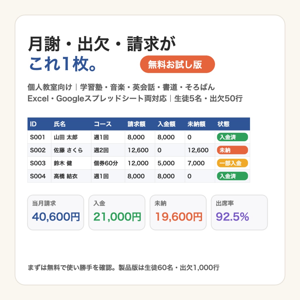 【無料お試し版】個人教室の月謝・出欠・請求 管理シート（生徒5名・出欠50行）｜Excel／スプレッドシート両対応