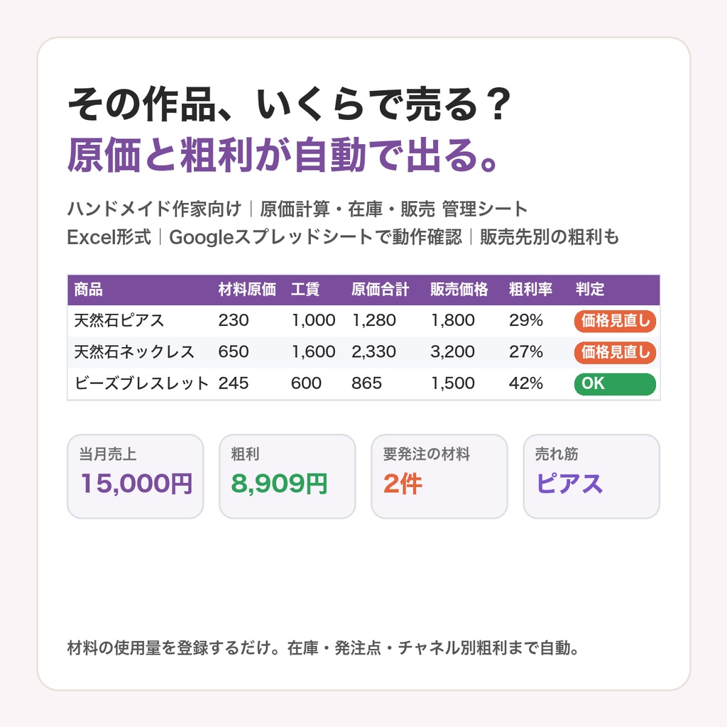 ハンドメイド作家の原価計算・在庫・販売 管理シート｜材料費と工賃から原価・粗利を自動計算｜イベント・minne・Creema別の粗利も【Excel形式・Googleスプレッドシートで動作確認】