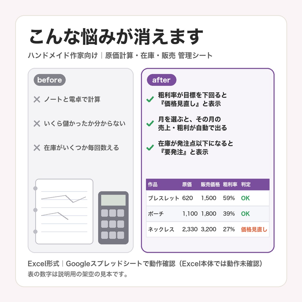 ハンドメイド作家の原価計算・在庫・販売 管理シート|材料費と工賃から原価・粗利を自動計算|イベント・minne・Creema別の粗利も【Excel形式・無料版あり】
