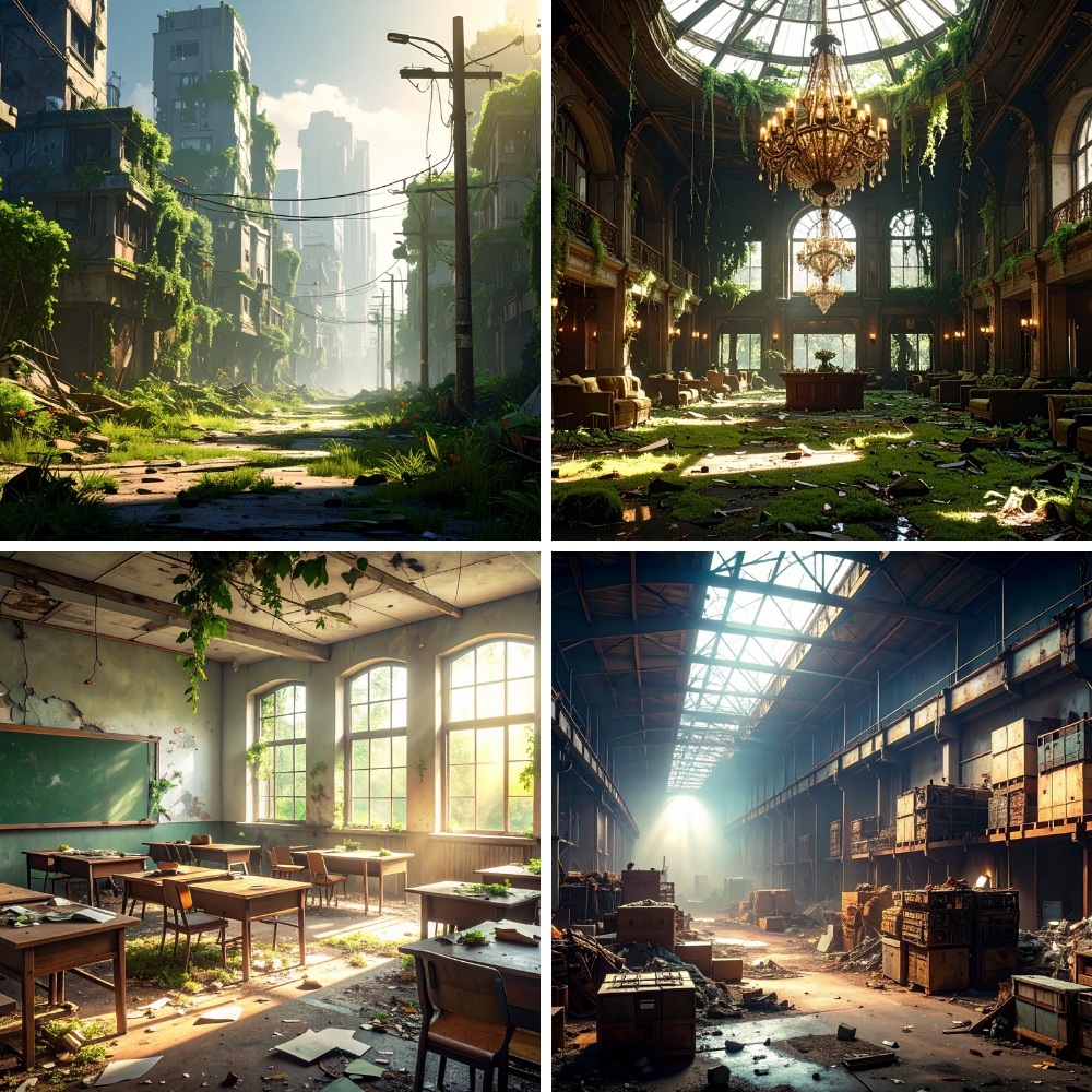 荒廃した街 – 廃墟背景素材パック(200枚/16:9/PDF形式)