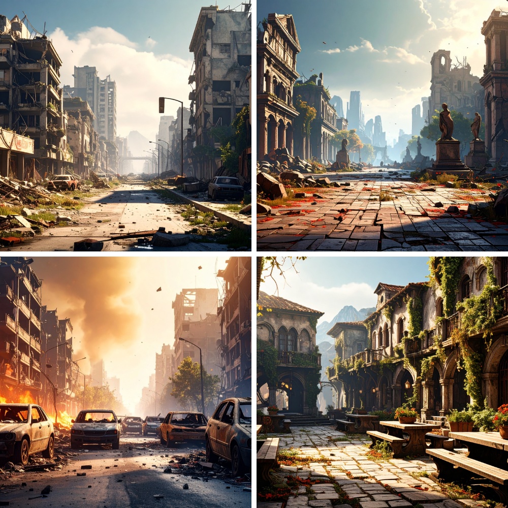 荒廃した街 – 廃墟背景素材パック(200枚/16:9/PDF形式)