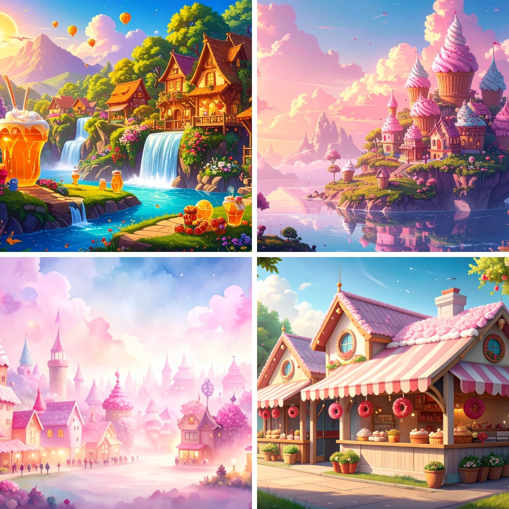 お菓子の街 - 商用利用可 200枚収録 背景素材セット(PDF/16:9)