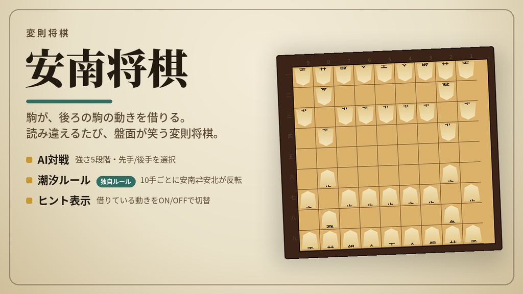 安南将棋(AI対戦・潮汐ルール搭載版) 駒が、後ろの駒の動きを借りる。読み違えるたび、盤面が笑う変則将棋。