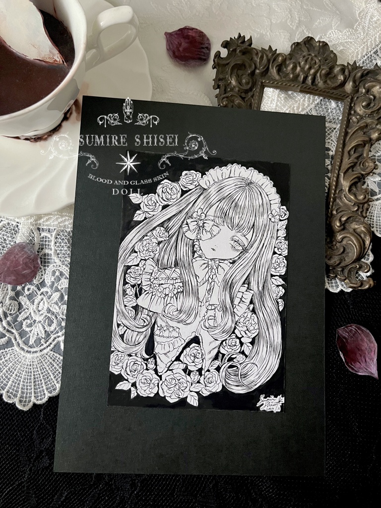 【ペン画】花と少女-フリルの薔薇