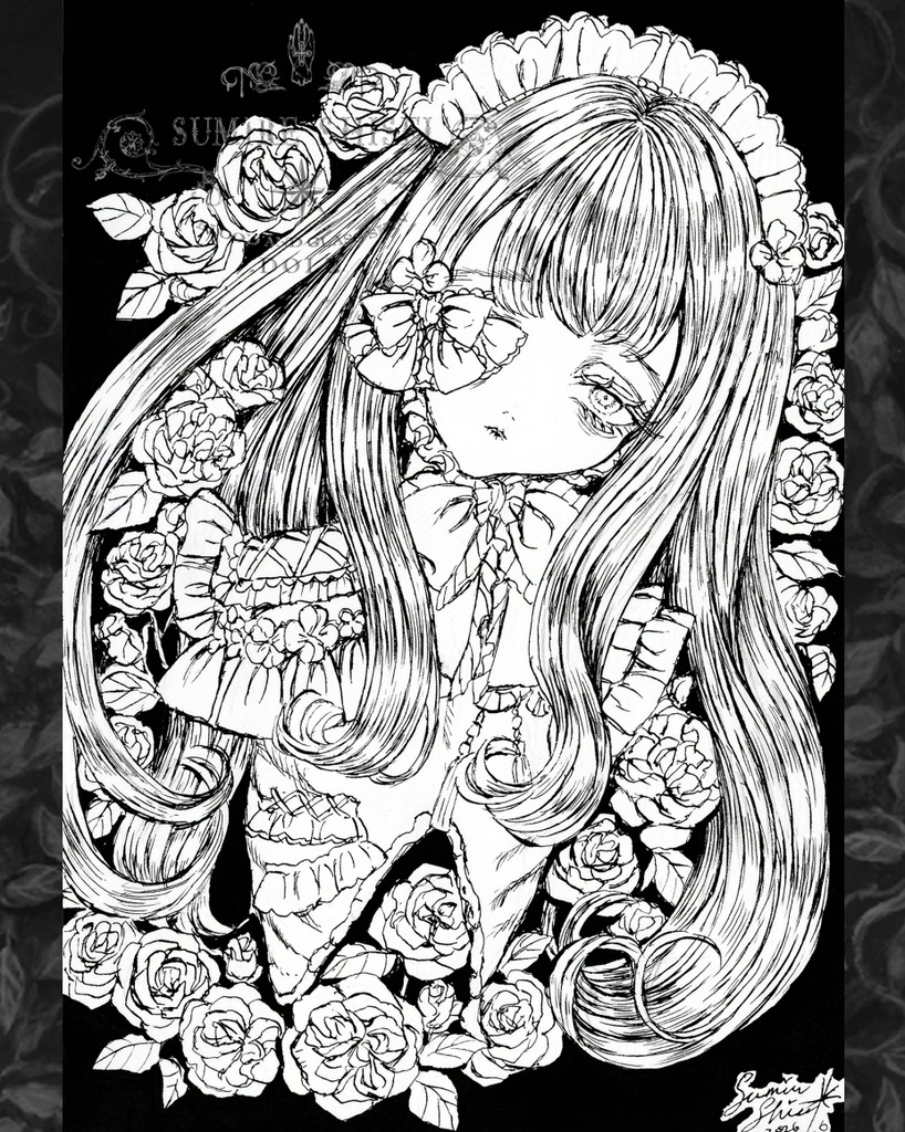 【ペン画】花と少女-フリルの薔薇
