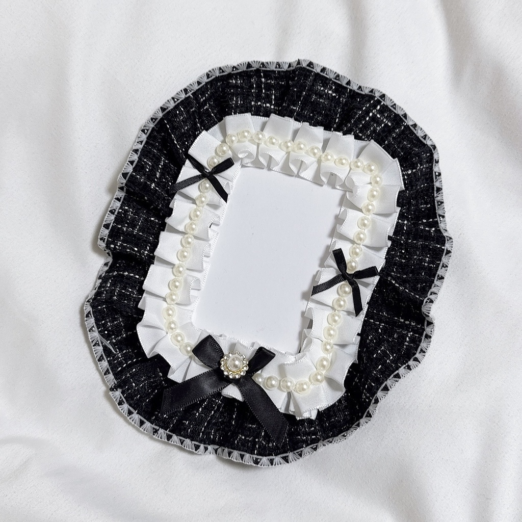 推し活 黒 ツイードチェック リボン パール 硬質カードケース トレカケース デコ