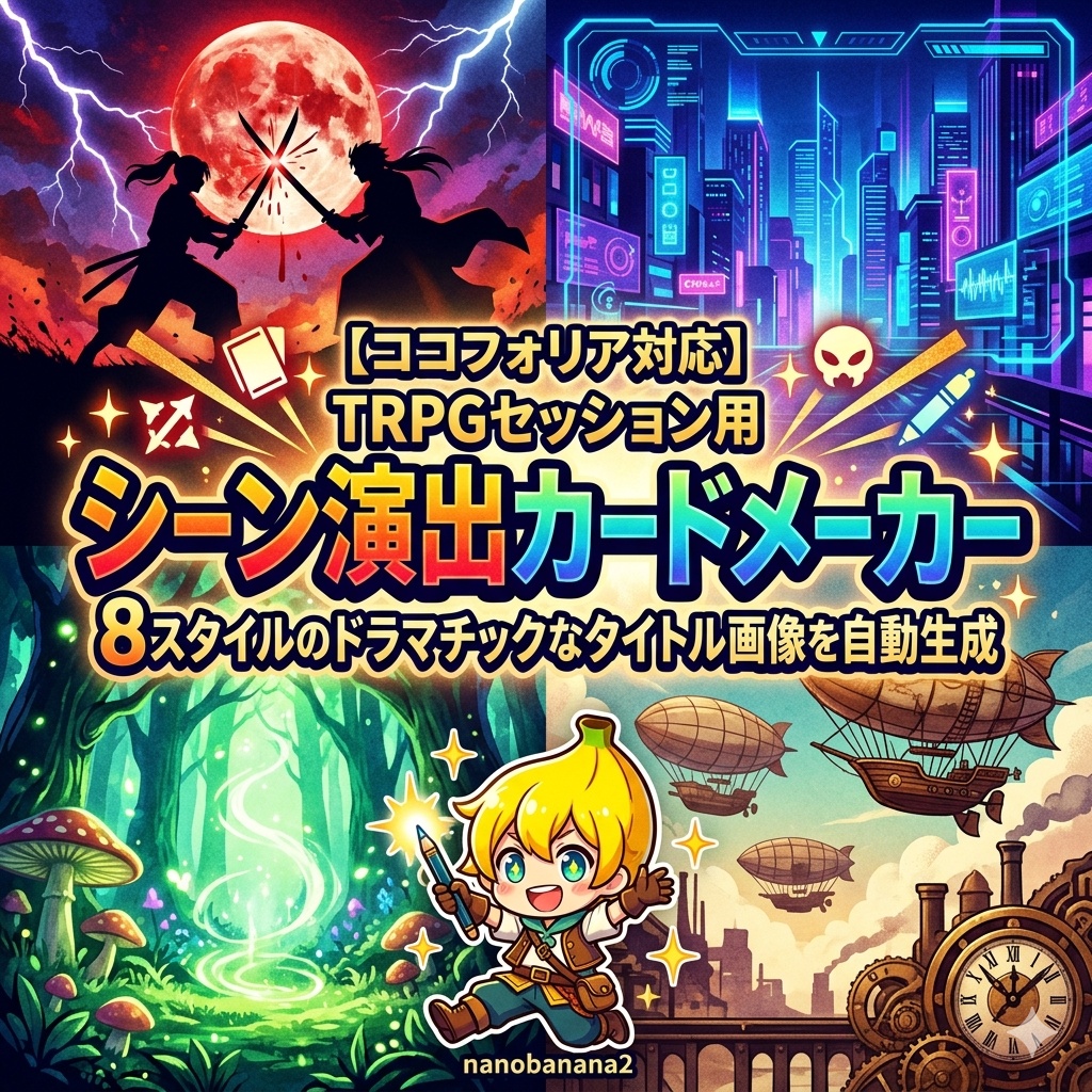 シーン演出カードメーカー — 8スタイルのドラマチックなタイトル画像を自動生成【ココフォリア対応】