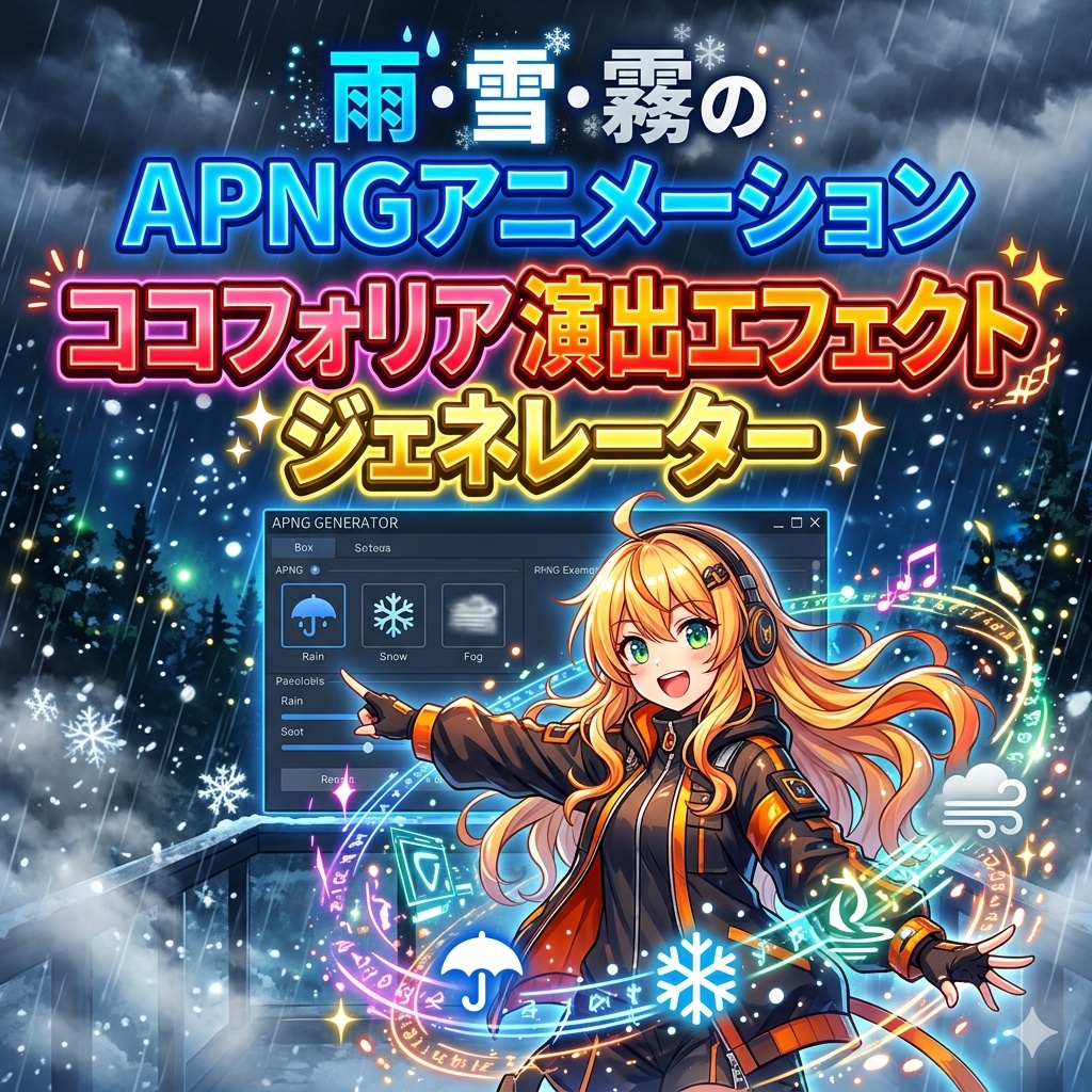 ココフォリア演出エフェクトジェネレーター — 雨・雪・霧のAPNGアニメーションを自動生成【透過背景】