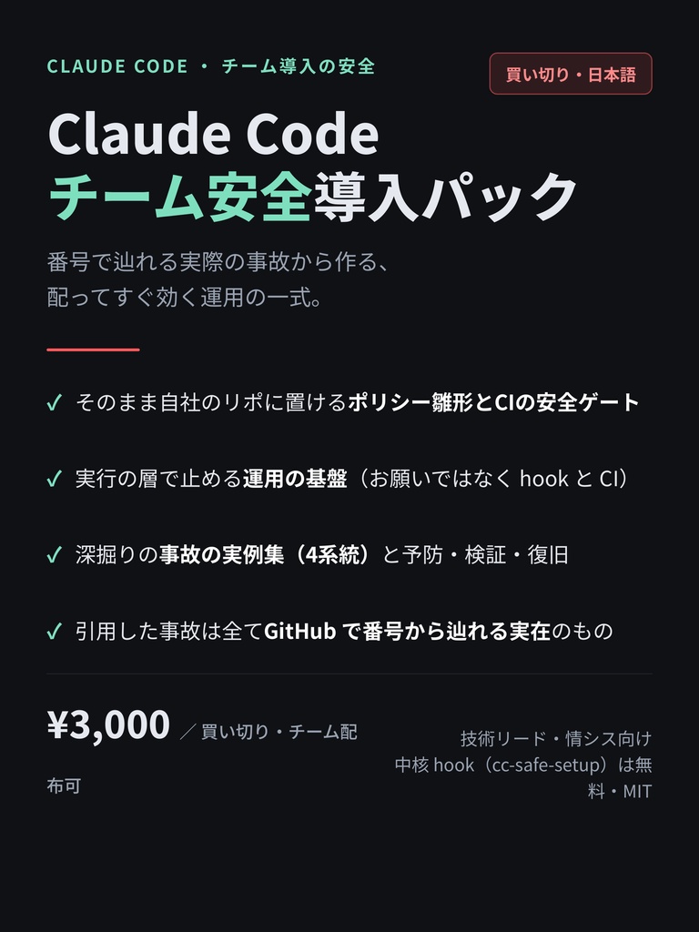 Claude Code チーム安全導入パック — 番号で辿れる実際の事故から作る、配って効く運用一式