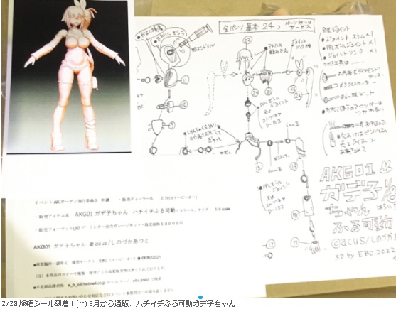 【AKG01(AKガーデン第1回のガデ子だよw)ガデ子ちゃん ハチイチふる可動】 8分の1スケール 3D プリンター 出力 3色 キット (c)acus/しのづかあつと ★販売中〜 匿名配送あんしんBOOTHパック ネコポス ガデ子ちゃん8分の1スケールキット販売ガデ(ハチイチうぇるバイクは別売です)