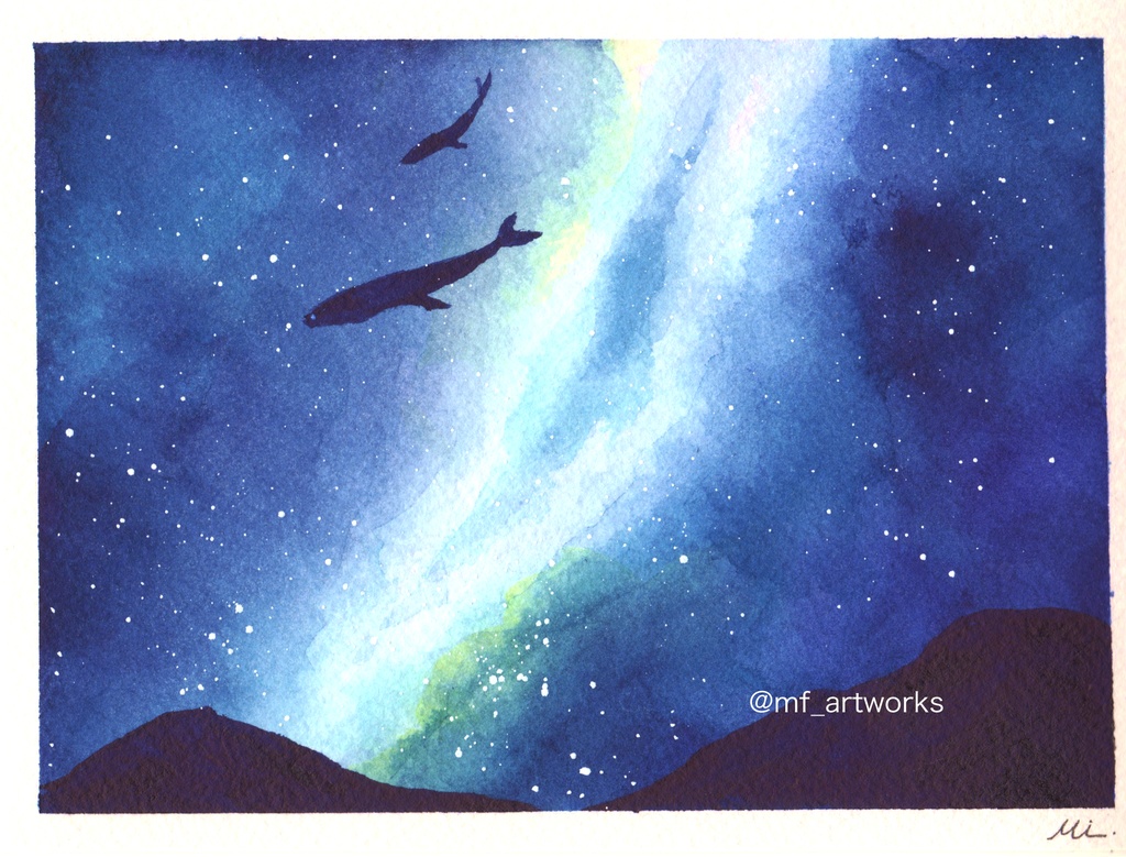 【水彩原画】夜空を泳ぐクジラ 115×155mm
