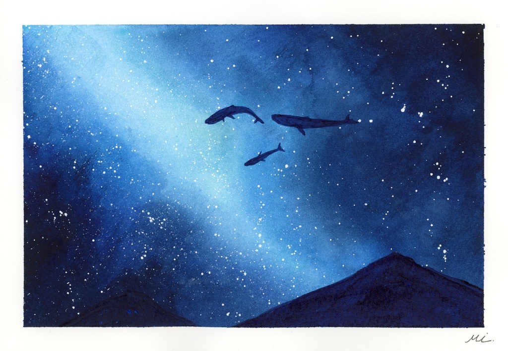 【水彩原画】夜空を泳ぐクジラ 158×227mm