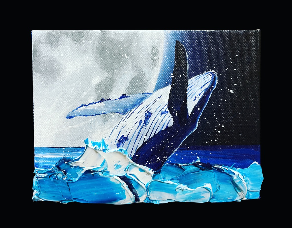 【アクリル原画】月とザトウクジラ 約15×20cm