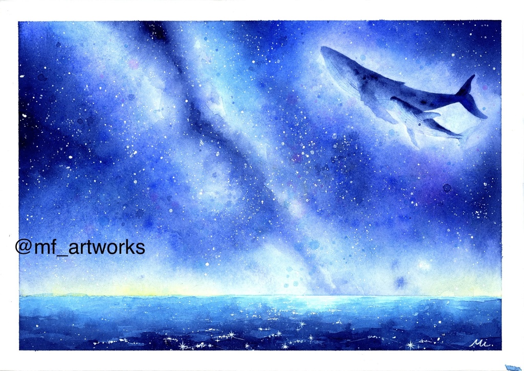 【水彩原画】夜空と海とザトウクジラ 210×295mm