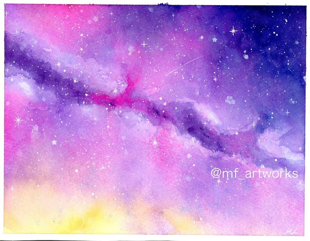 ピンクと紫の宇宙【水彩原画】 約17.8×23cm