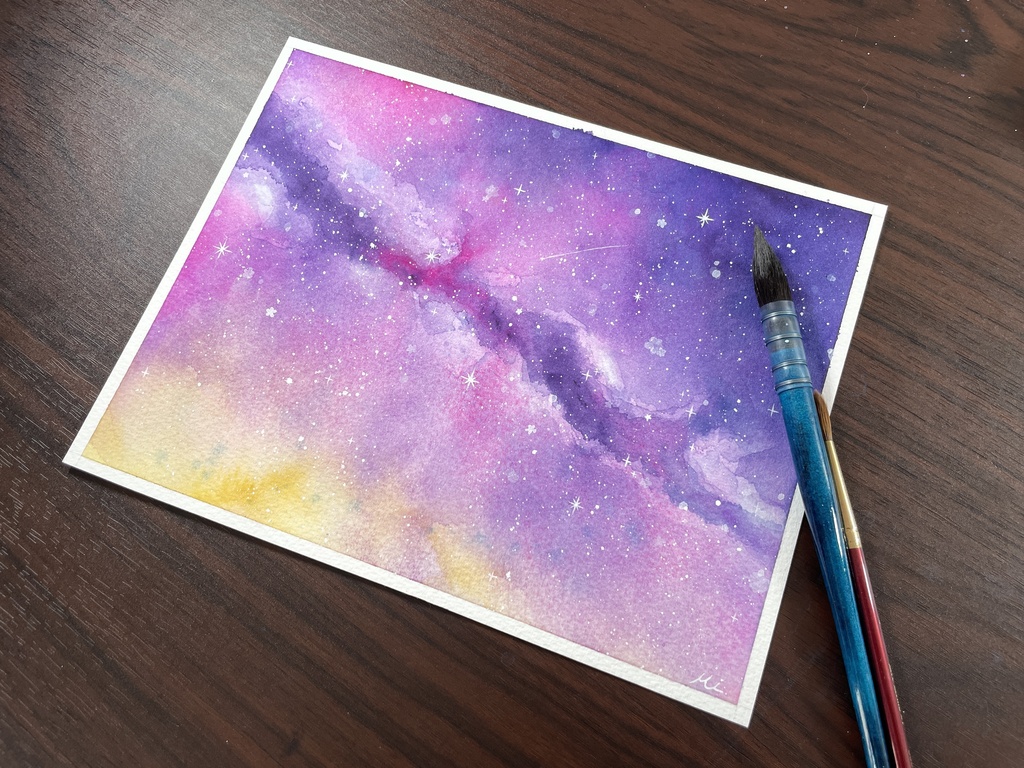 ピンクと紫の宇宙【水彩原画】 約17.8×23cm