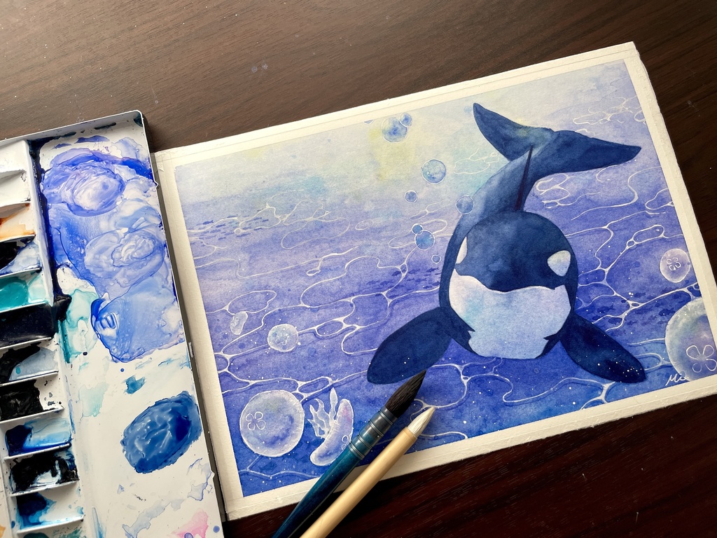 【水彩原画】海の中のシャチとクラゲ A4 210×297mm