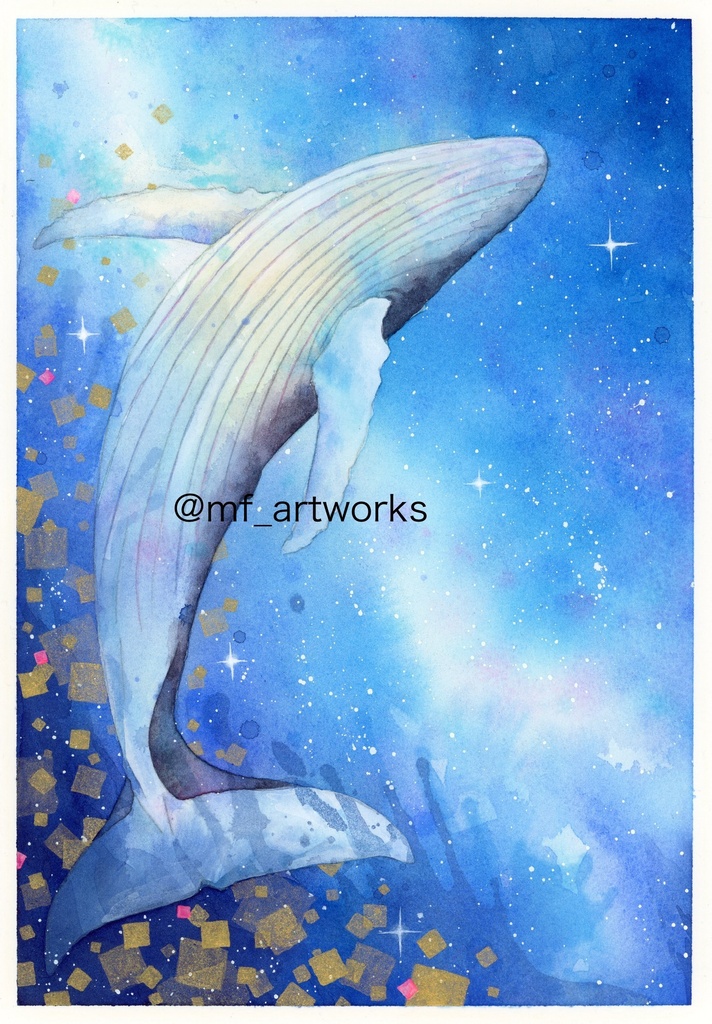 【透明水彩原画】ザトウクジラ　A4サイズ297×210mm