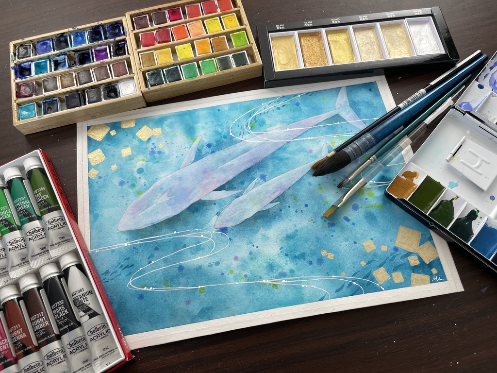 【水彩原画】シロナガスクジラの親子 A4 297×210mm