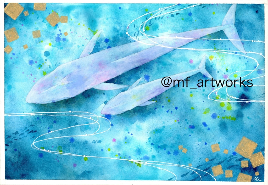 【水彩原画】シロナガスクジラの親子　A4 297×210mm
