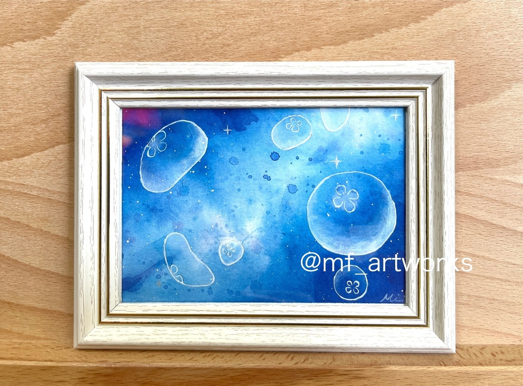 【水彩ミニ原画】宇宙ミズクラゲ　フレームサイズ約120×158mm