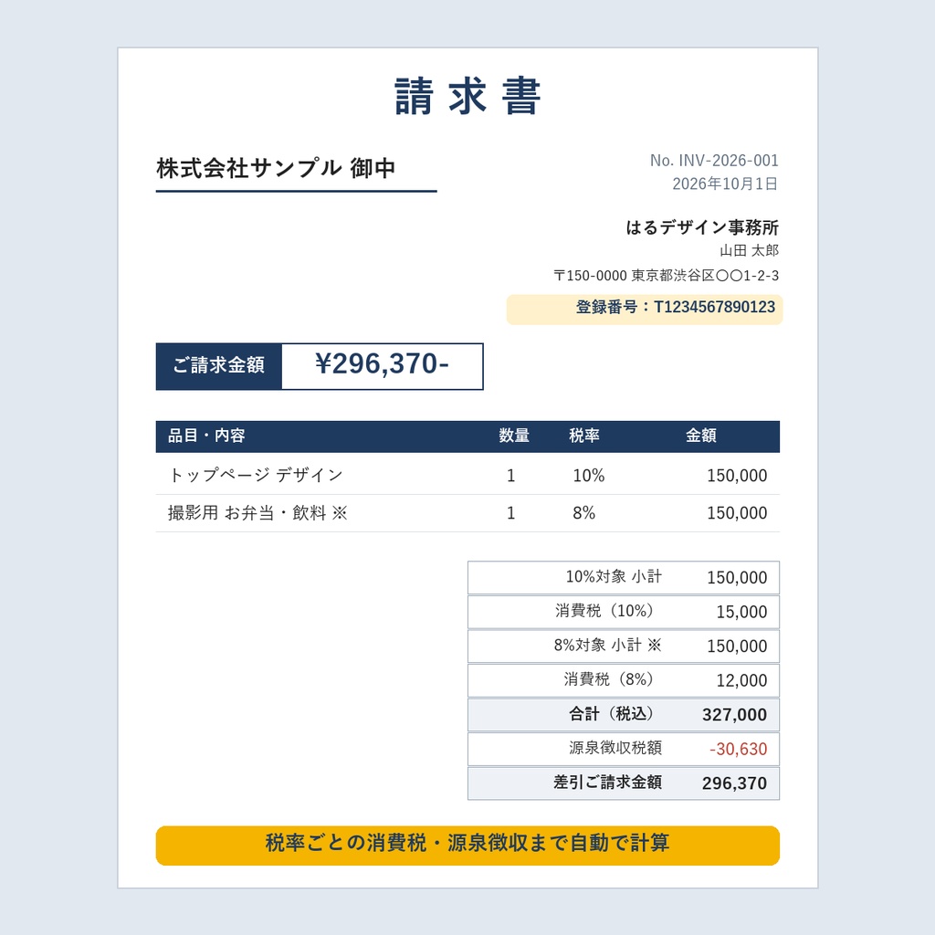 【インボイス対応】見積書・納品書・請求書セット|源泉徴収・軽減税率も自動計算(Excel/Googleスプレッドシート)