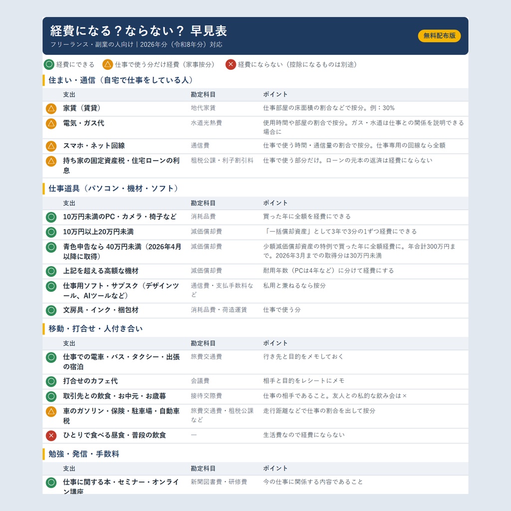 【無料】経費になる?ならない?早見表|フリーランス・副業の人向け【2026年分対応】家賃・スマホ代・PC・国保など約30項目(PDF)