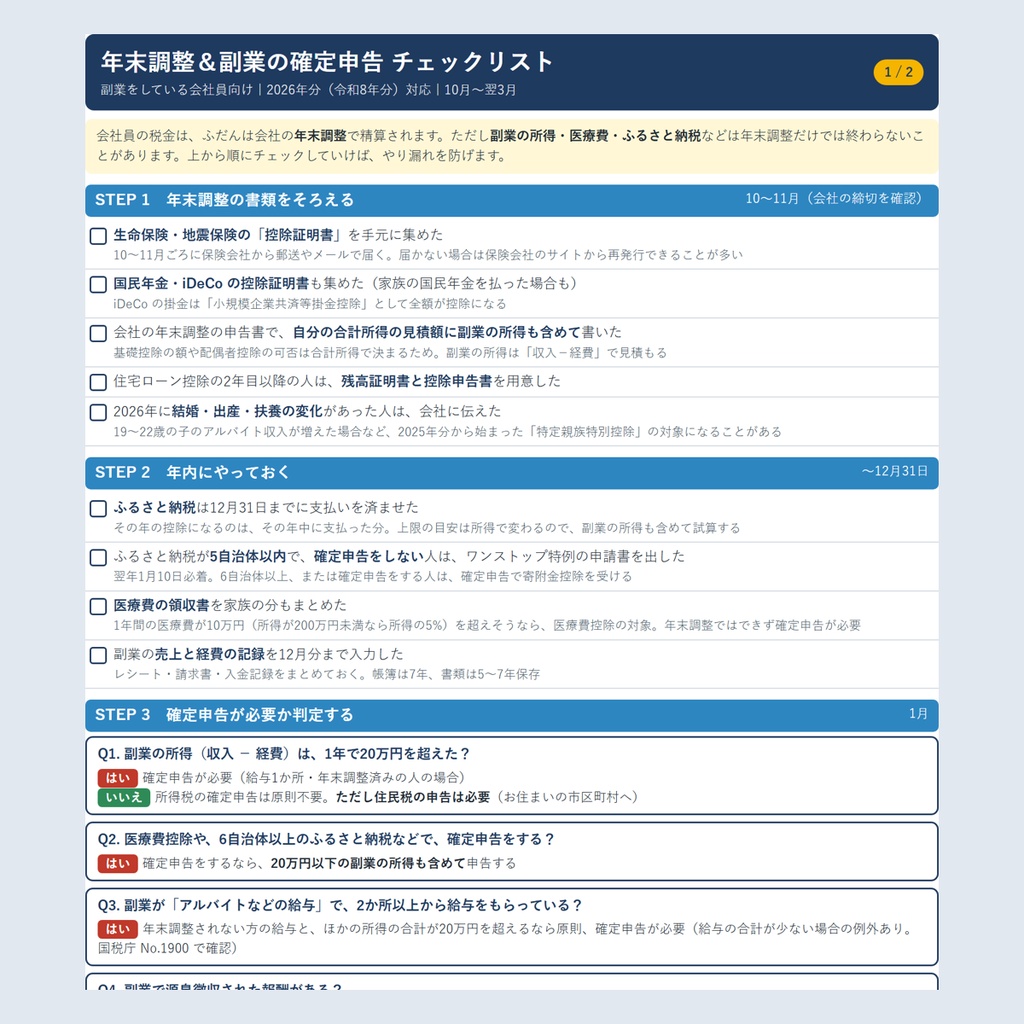 【2026年分対応】副業している会社員のための 年末調整&確定申告チェックリスト|20万円ルール・ふるさと納税・医療費控除まで(PDF)