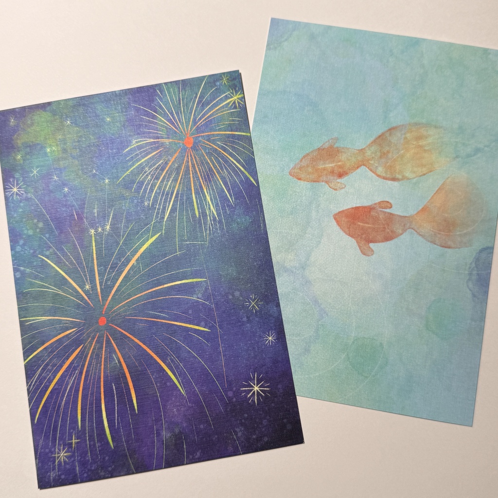 花火と金魚の彩りイラストカード (ポストカードサイズ)