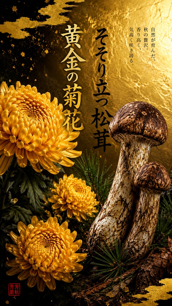 【黄金の菊花 そそり立つ松茸】 秋の豊穣と気高き美を描いた和風アート壁紙