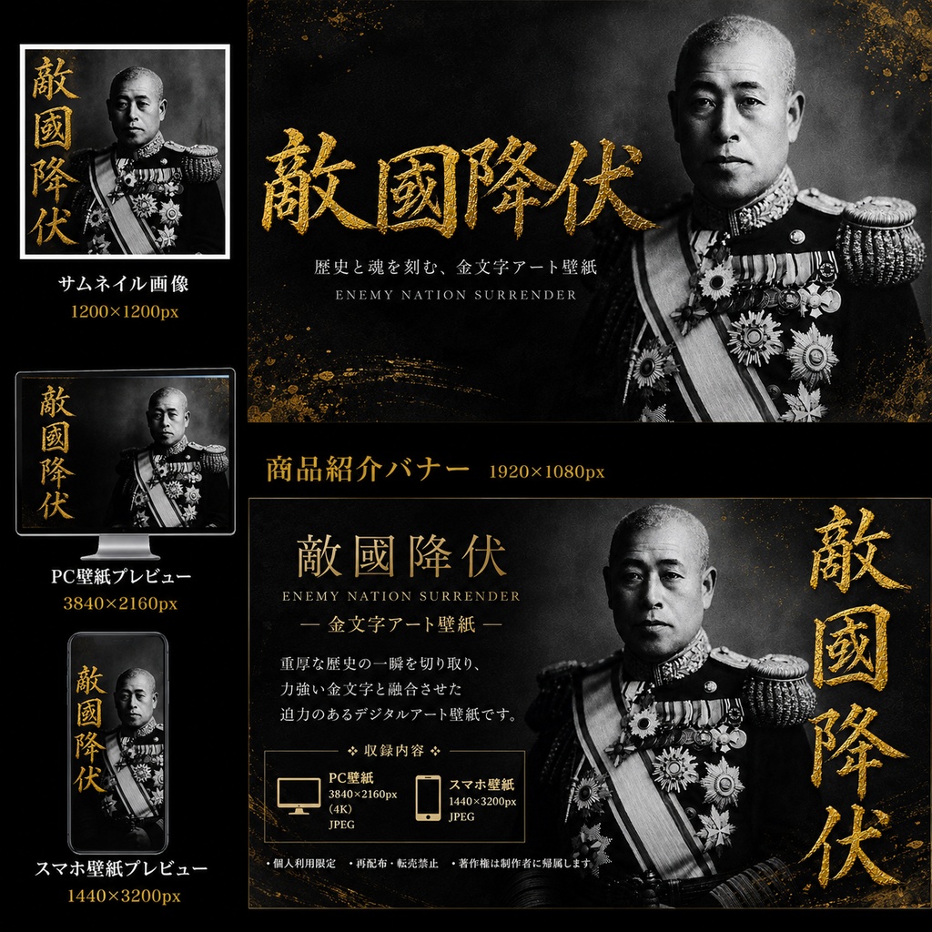 敵國降伏 ― Gold Calligraphy & Historical Portrait Art Wallpaper 壁紙