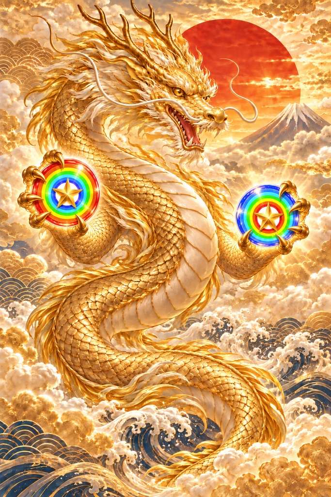 黄金龍と二つの宝珠|金運・開運を願う縁起物アート【2L判・ダウンロード販売】