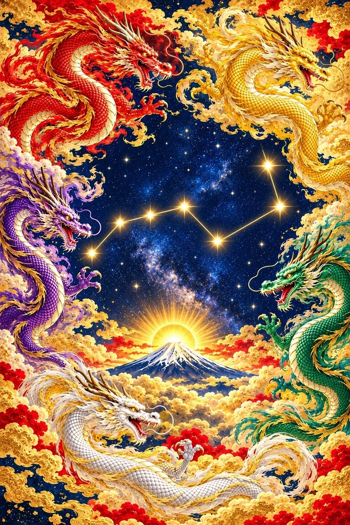 【五龍と北斗七星・富士山｜縁起物アート｜2L判プリント用データ】