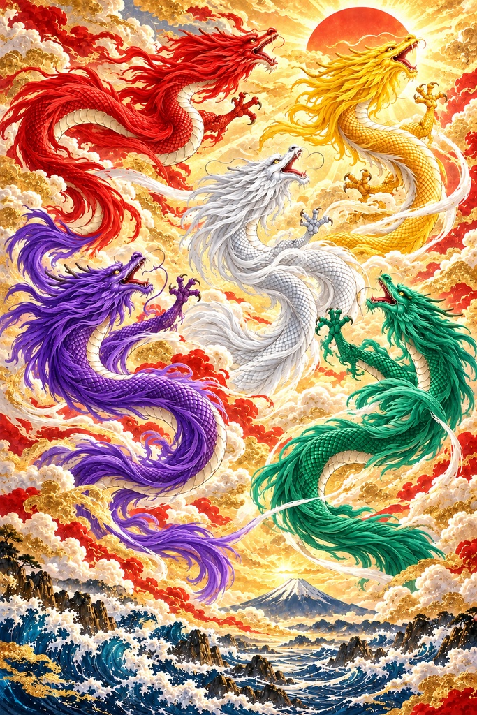 五龍の舞｜開運招福を願う縁起物アート【2L判・ダウンロード販売】