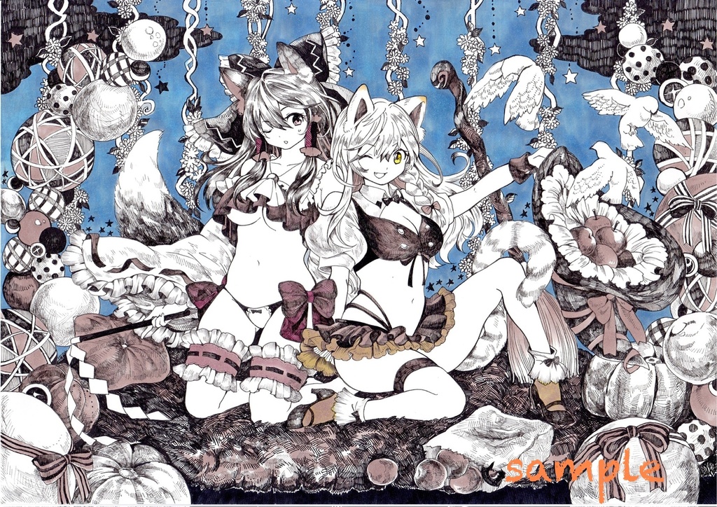 東方project　手描きイラスト　霊夢/魔理沙　アナログイラスト