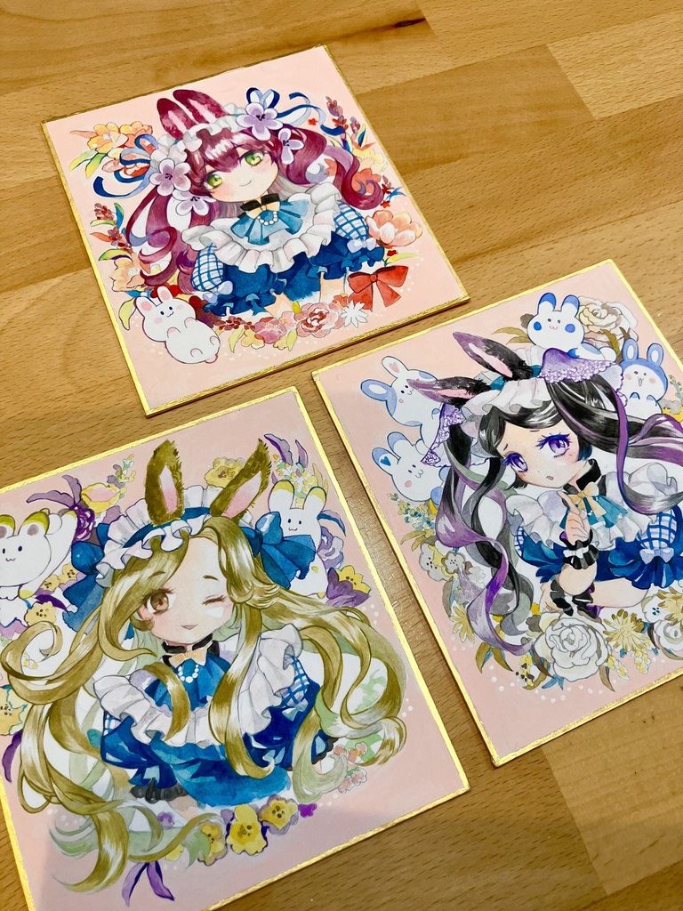 手描きイラスト　オリジナル　うさぎのメイド様　色紙３枚セット