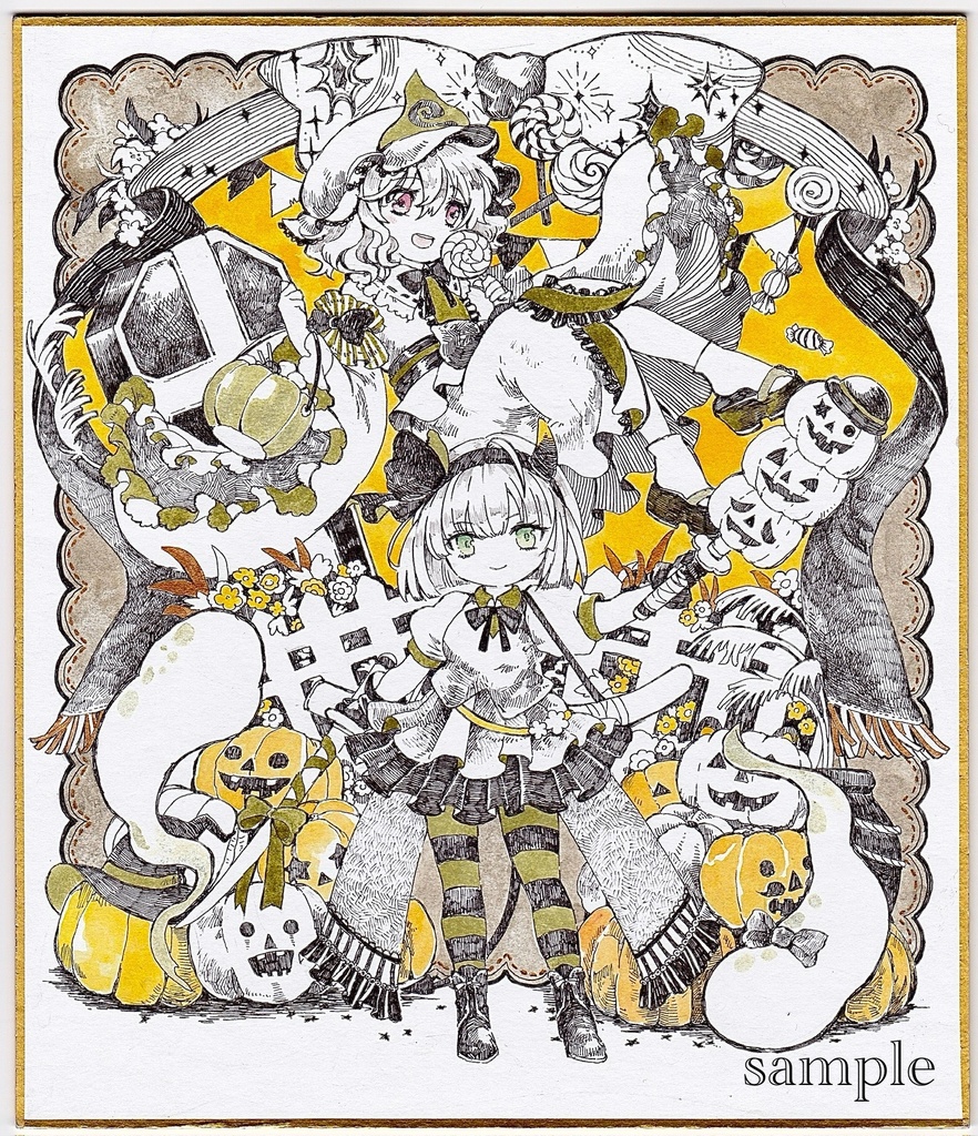 東方project 手描きイラスト　色紙　「幽々子　妖夢」 ハロウィンver