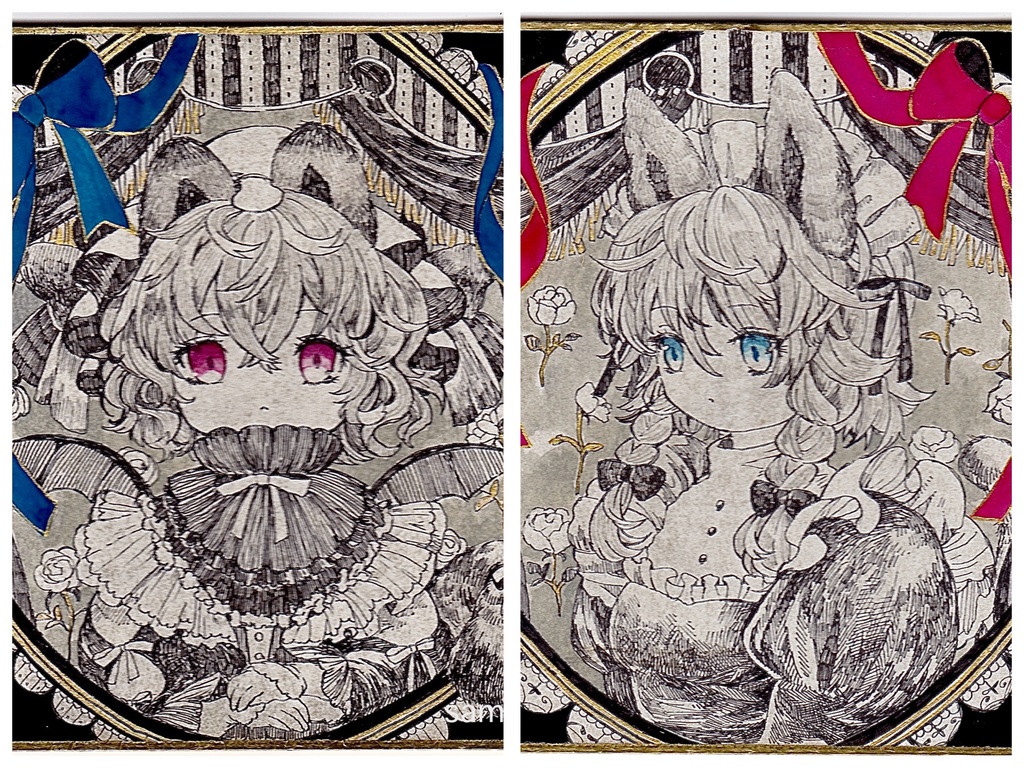 東方project 手描きイラスト　小色紙２枚セット　「ネコ耳 レミリア&咲夜」