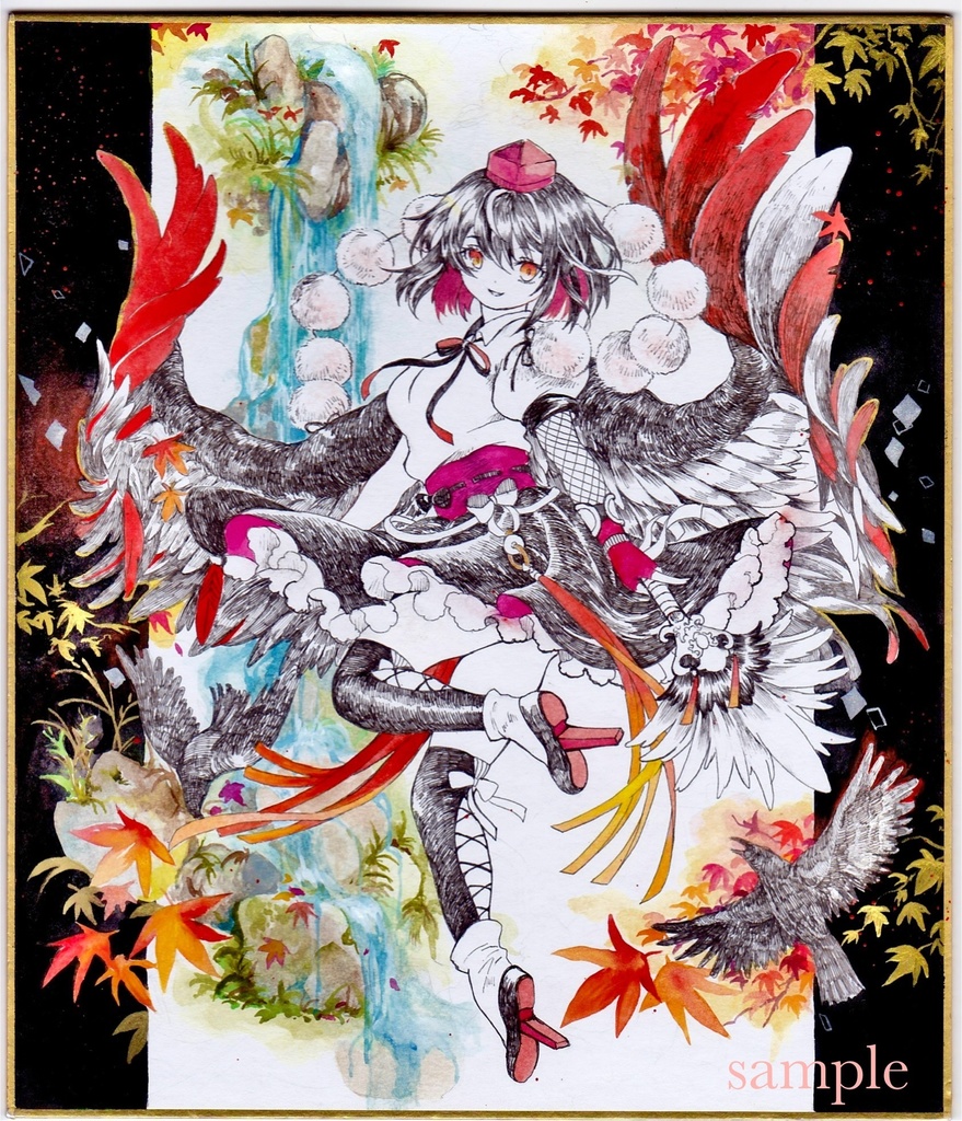 東方project 手描きイラスト　色紙　「射命丸文」