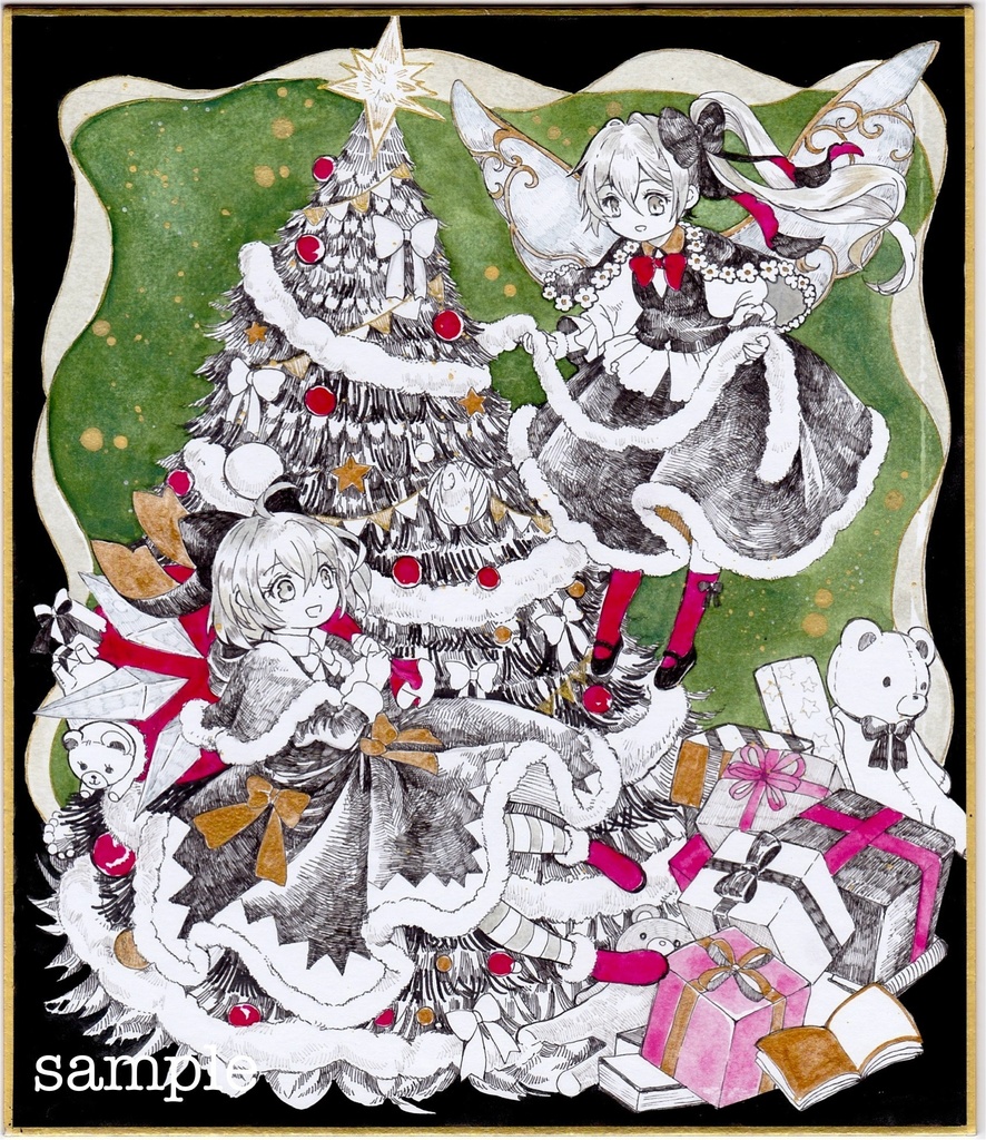 東方project 手描きイラスト　色紙　「チルノ&大妖精」クリスマスver