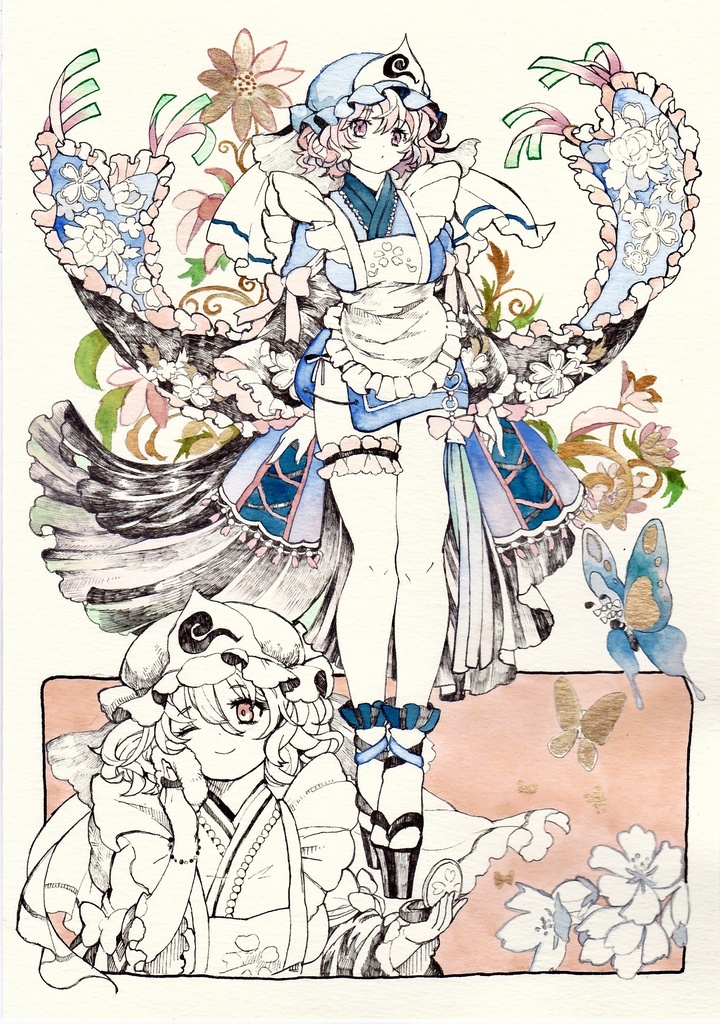 東方project 手描きイラスト　　「西行寺幽々子」水彩紙