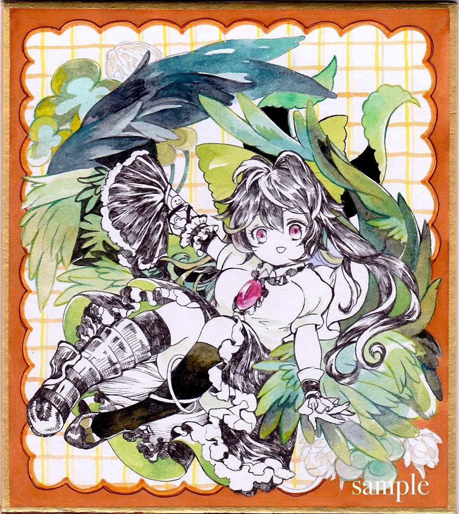 東方project 手描きイラスト　　お空「霊鳥路空」小色紙