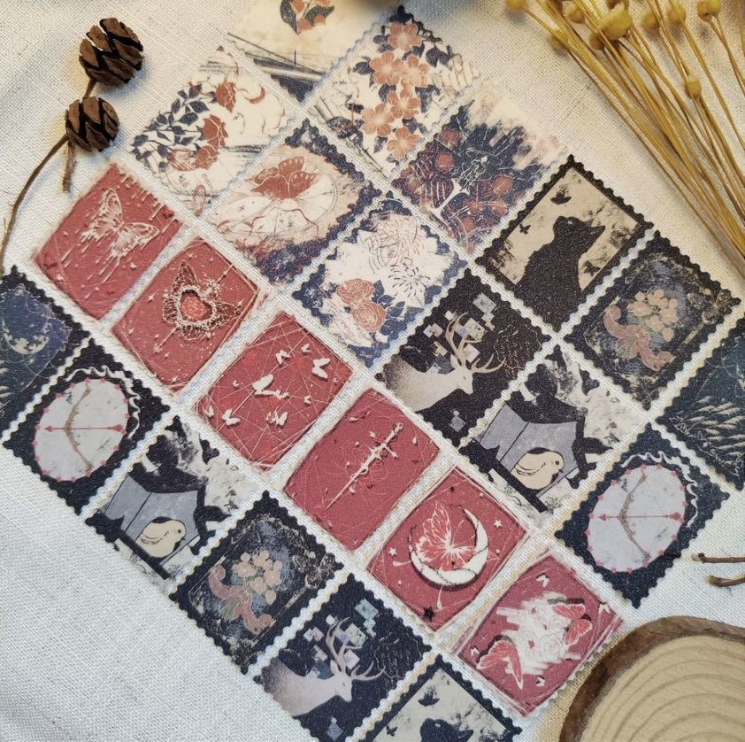 カスミソウ切手シールレトロ雰囲気夜の絵雨が降るオリジナルシール手帳シールセット