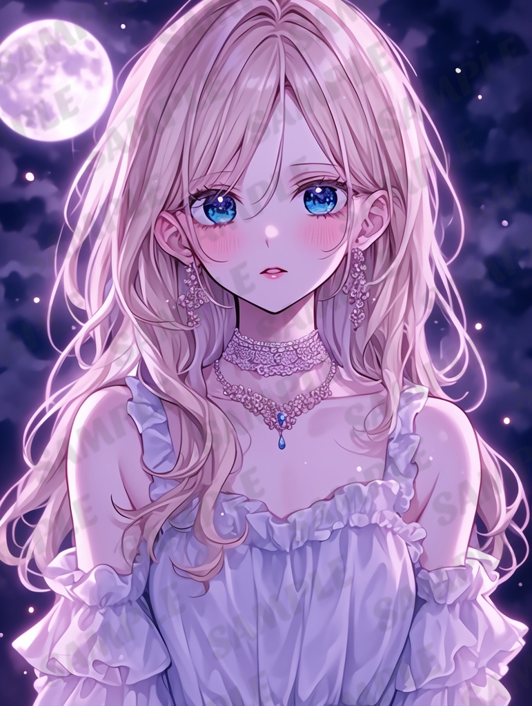 満月の背景/白のドレスの女の子【SNS用のアイコンに！】