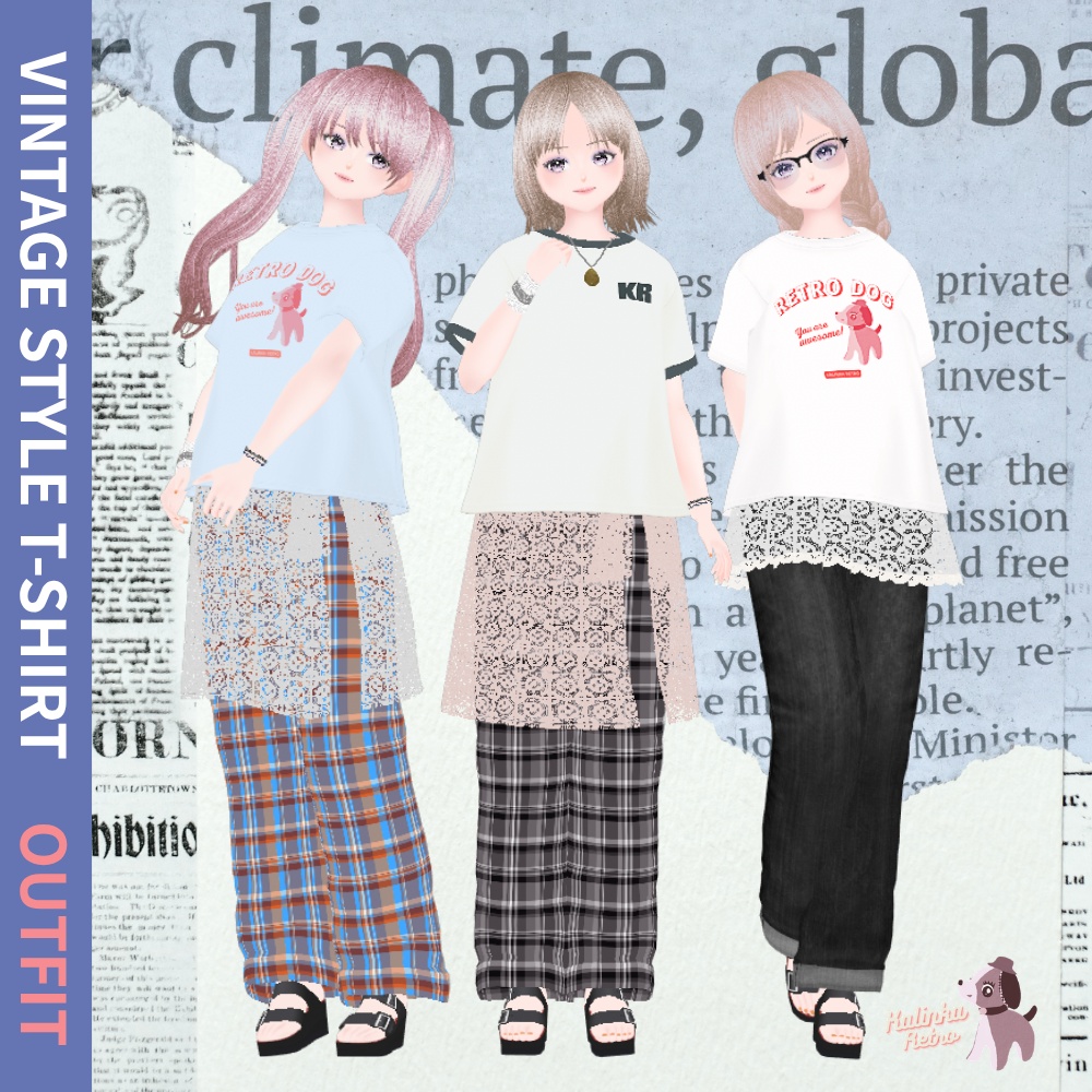 【Vroid/無料あり】ヴィンテージっぽいTシャツ コーデセット